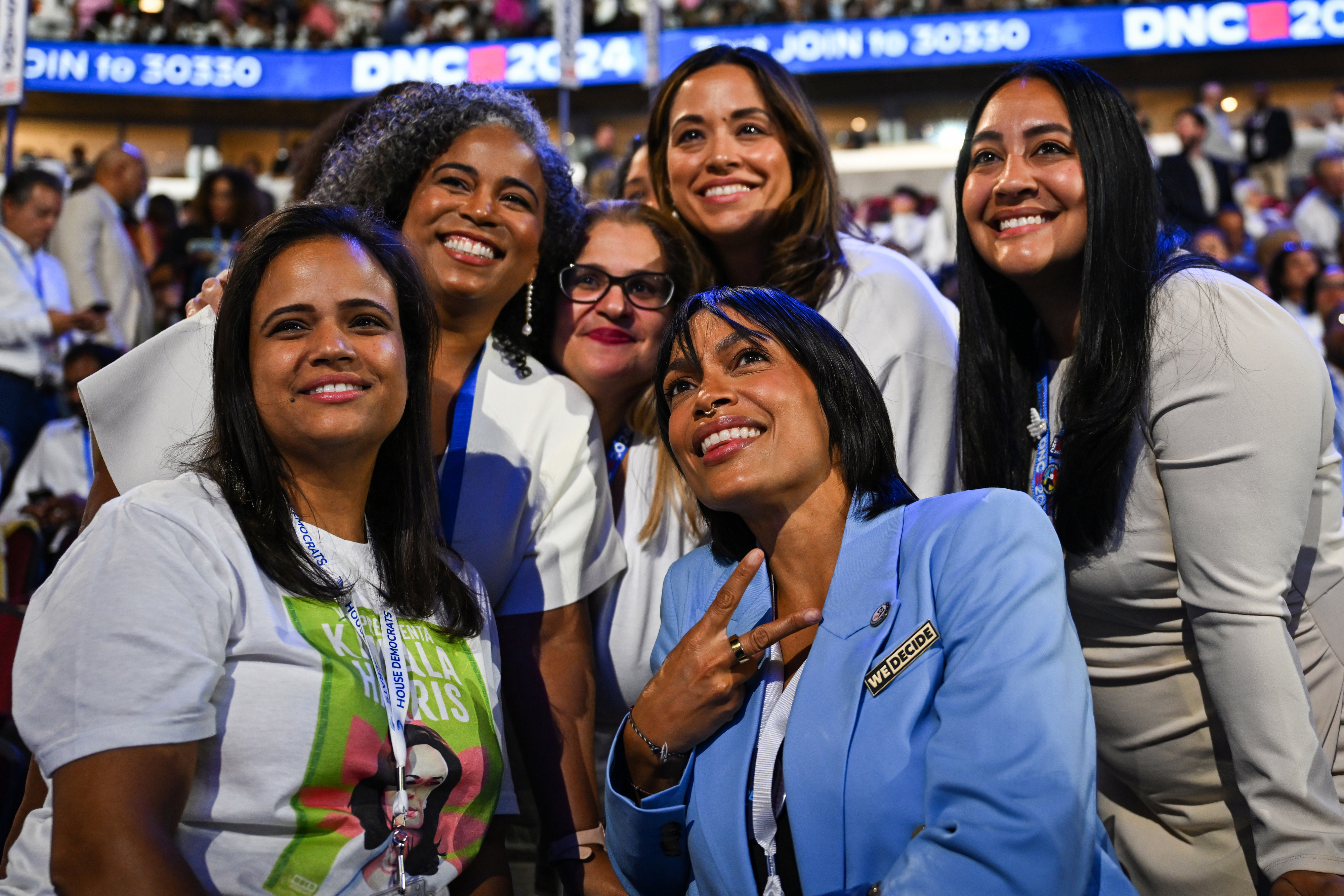 Group photo of Gilda Cobb-Hunter, Kristin Urquiza, Cynthia Choi, Hala Ayala, Shasti Conrad, and Gloria Niec-Nashivic smiling together at the DNC 2020 event