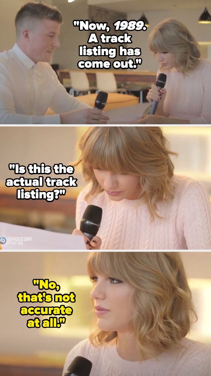 Three-part comic with Taylor Swift and a male interviewer. They discuss the track listing of her album "1989". Taylor clarifies the info is not accurate