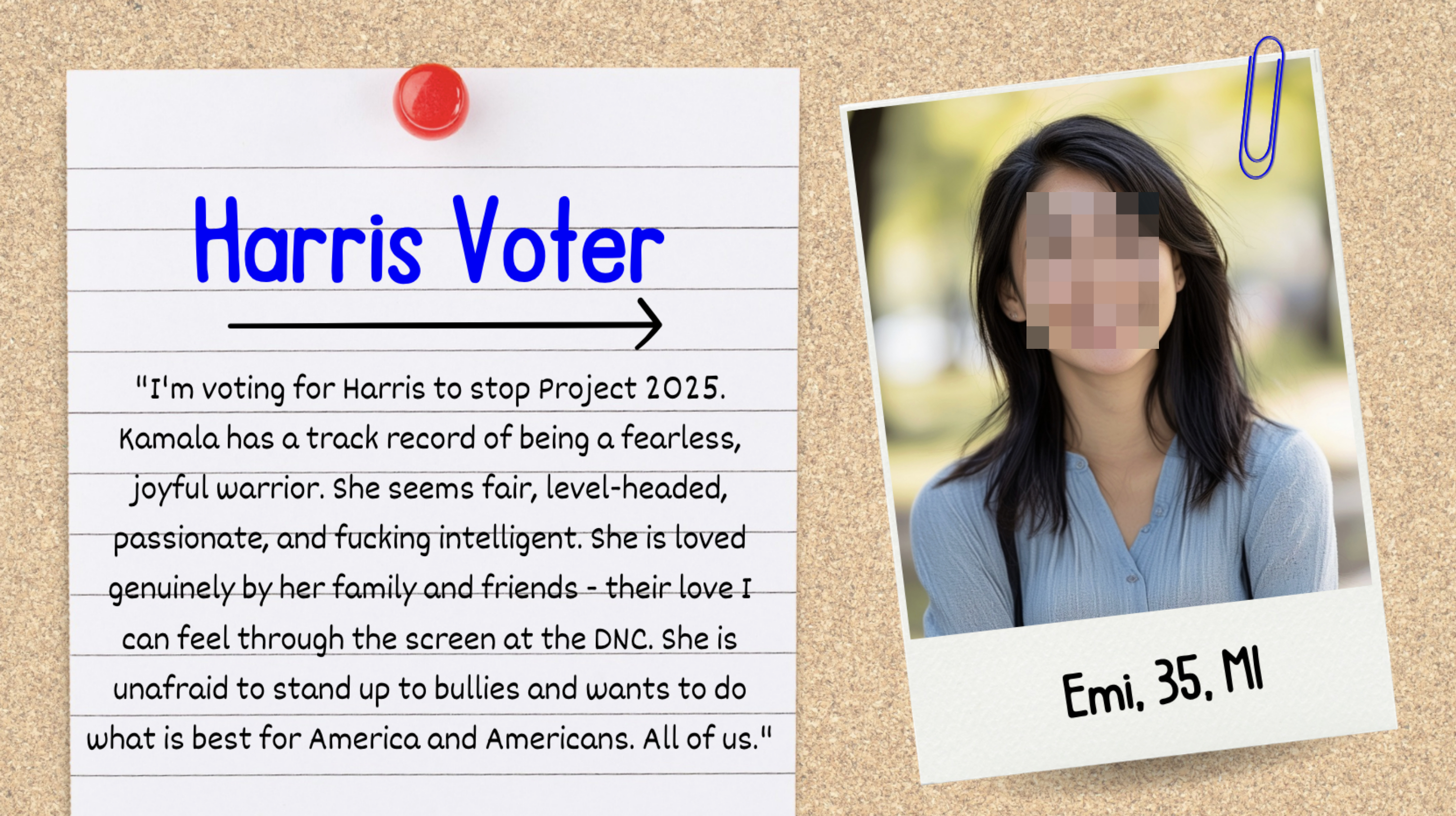Quote advocating for Harris Project 2025 from Emi, a 35-year-old from Michigan, praising Kamala Harris as a fearless, fair, and intelligent candidate loved by supporters