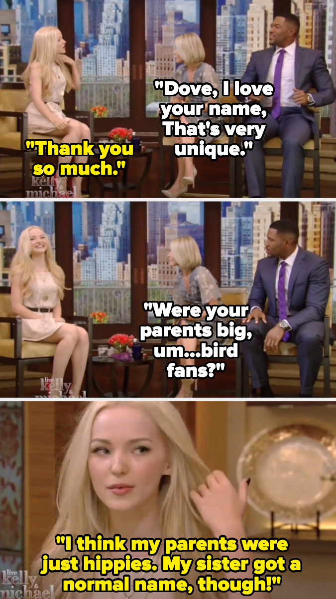 Dove Cameron is interviewed by Michael Strahan. She talks about her unique name and her parents being hippies