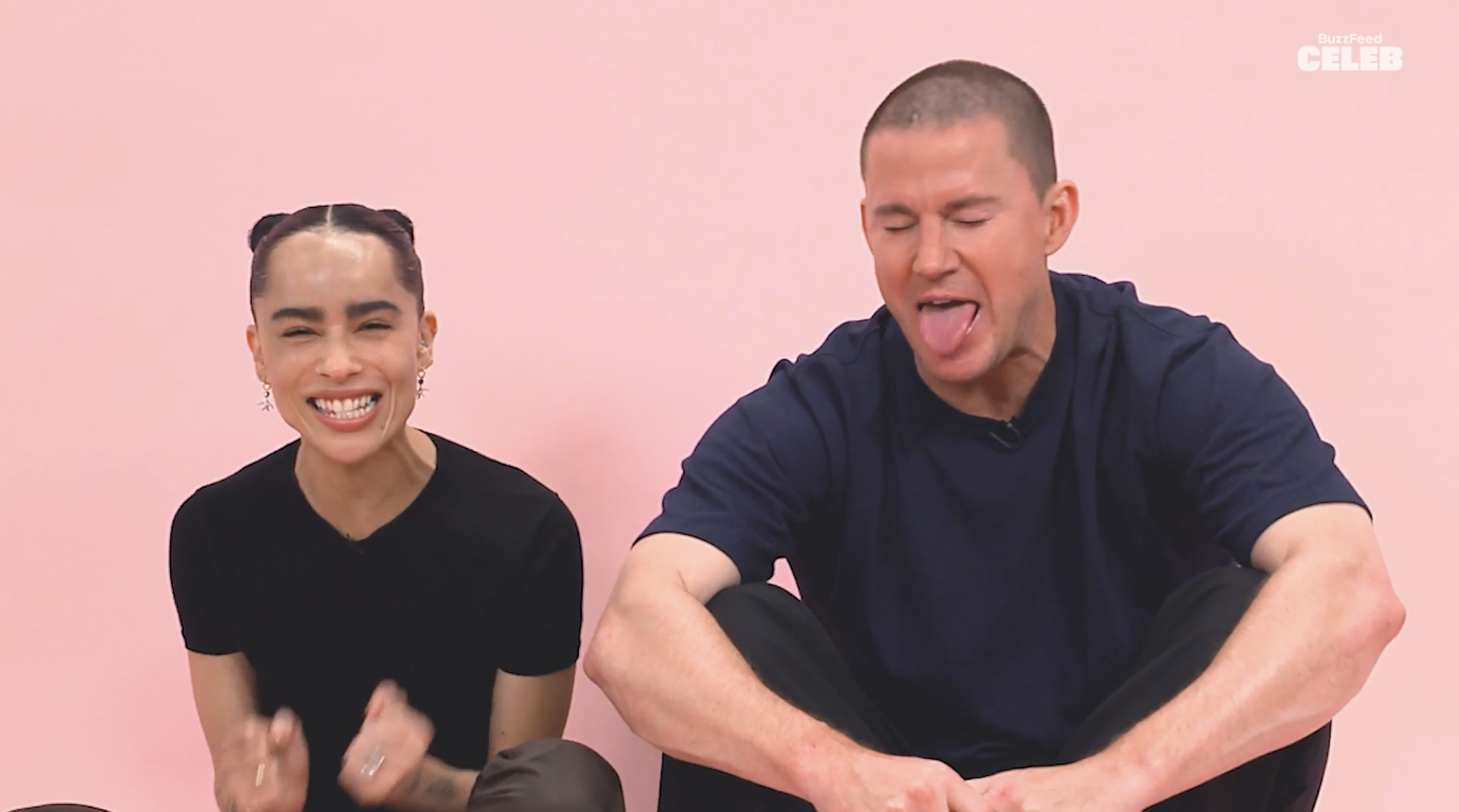 Zoë Kravitz and Channing Tatum laughing and making funny faces in a BuzzFeed Celeb interview
