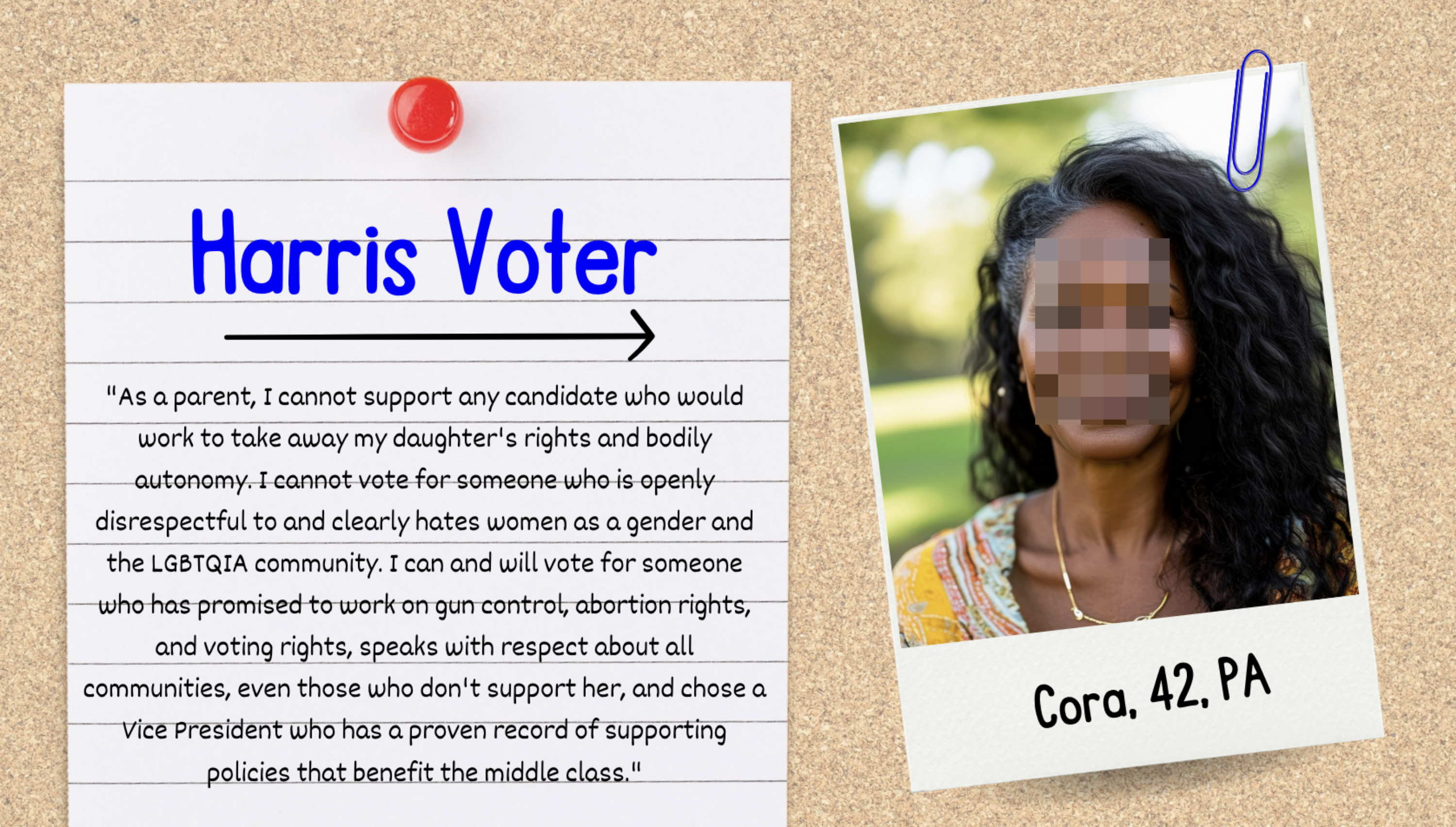 Harris Voter sign with a quote from Cora, 42, PA expressing her support for a candidate who respects women's and LGBTQIA rights, and opposes those who don't. Polaroid photo of Cora attached with a paperclip