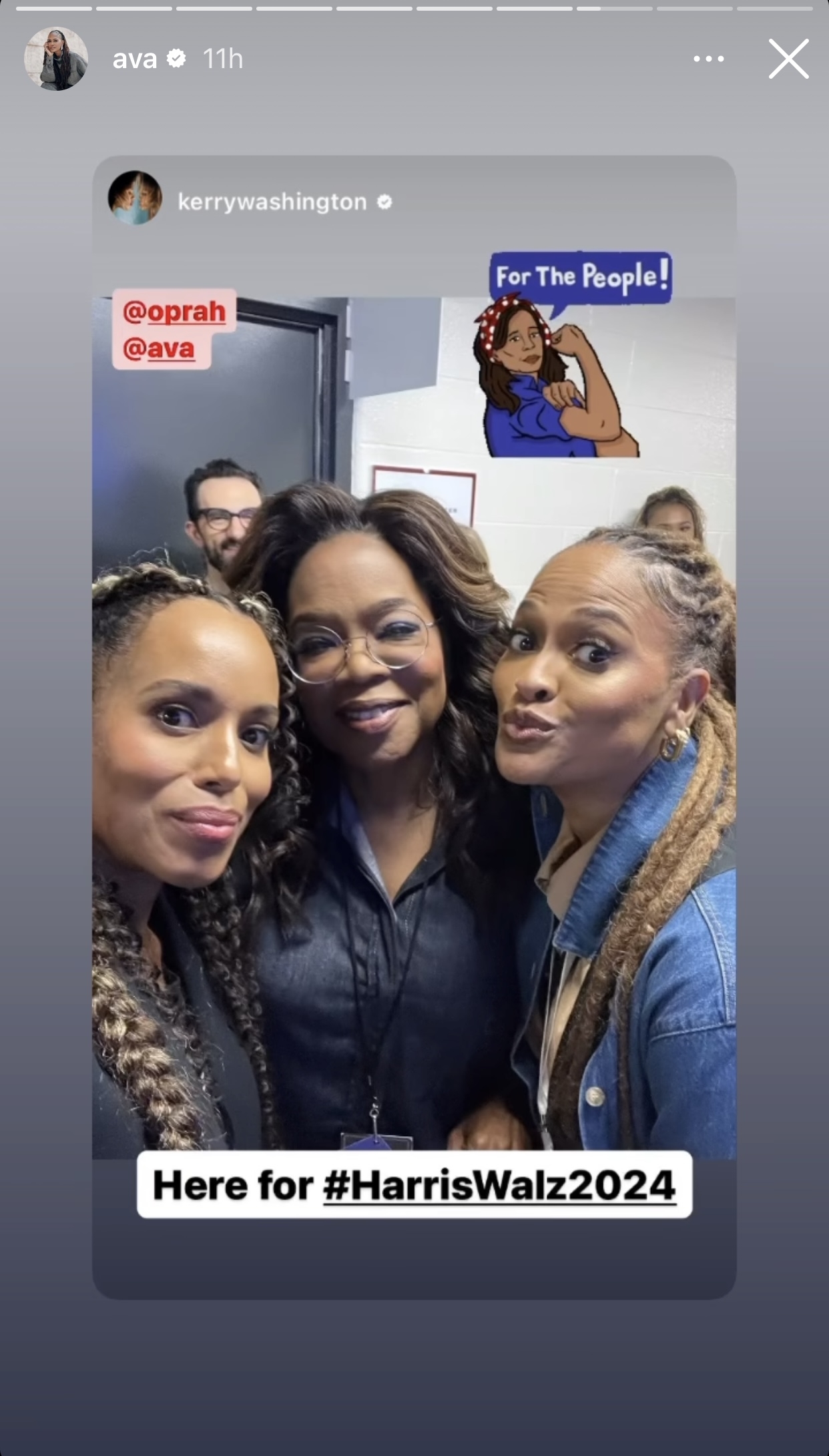Kerry Washington, Oprah, and Ava DuVernay smile for a selfie. Text on the image mentions "Here for #HarrisWalz2024"