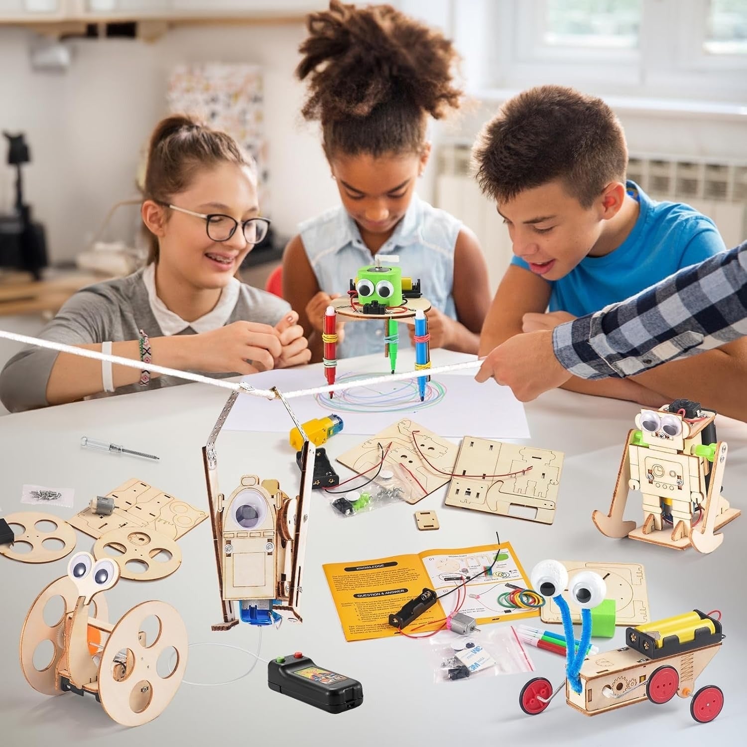 Three children assembling robotic kits connected  a table. Various woody  robot parts and tools are dispersed  out