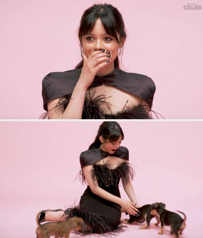 Jenna Ortega in a sleek, black feathered gown poses and interacts playfully with puppies
