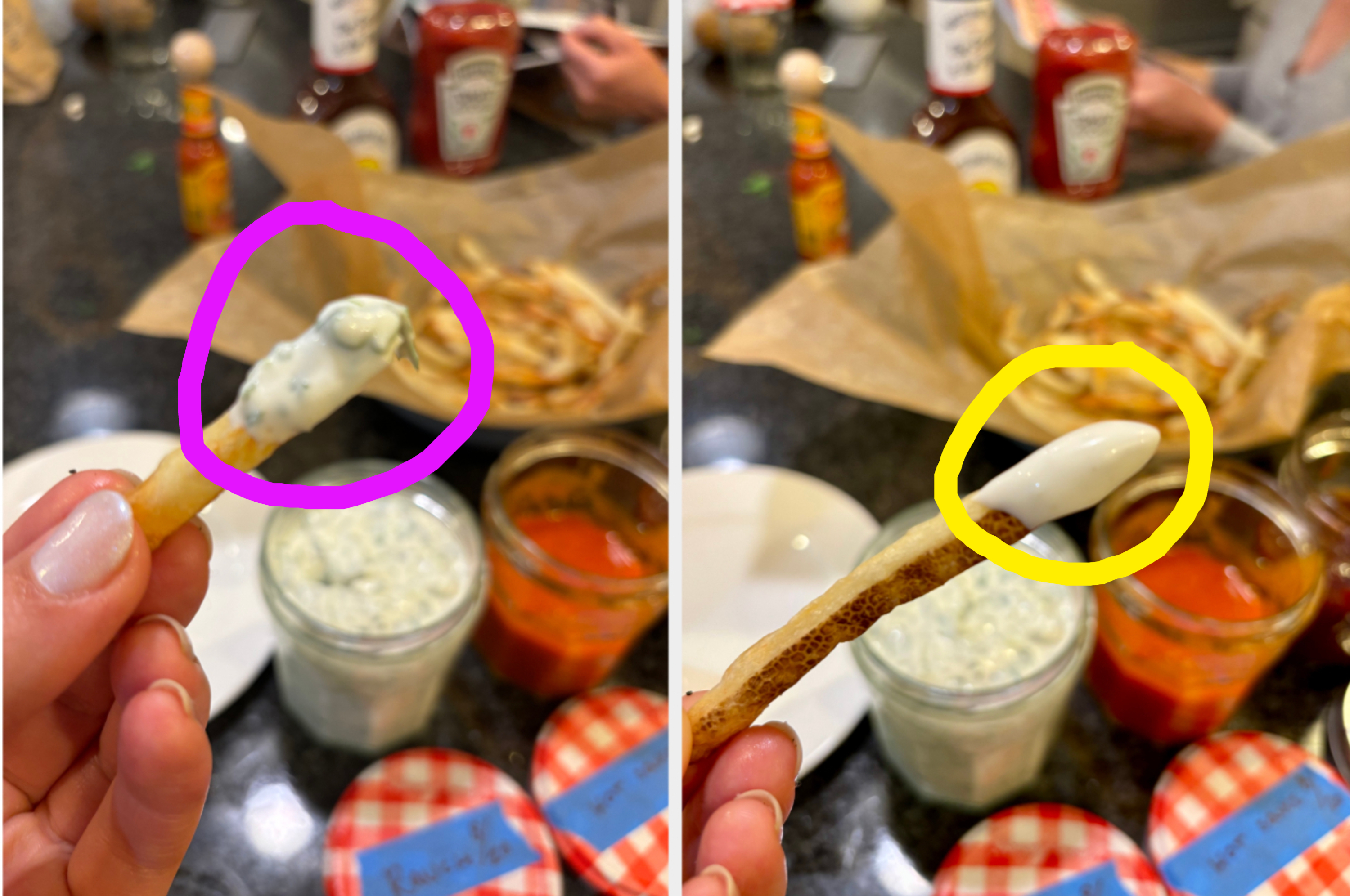 Two close-up images show French fries with different dipping sauces. In the background, there are fries, ketchup, and other condiments on a table