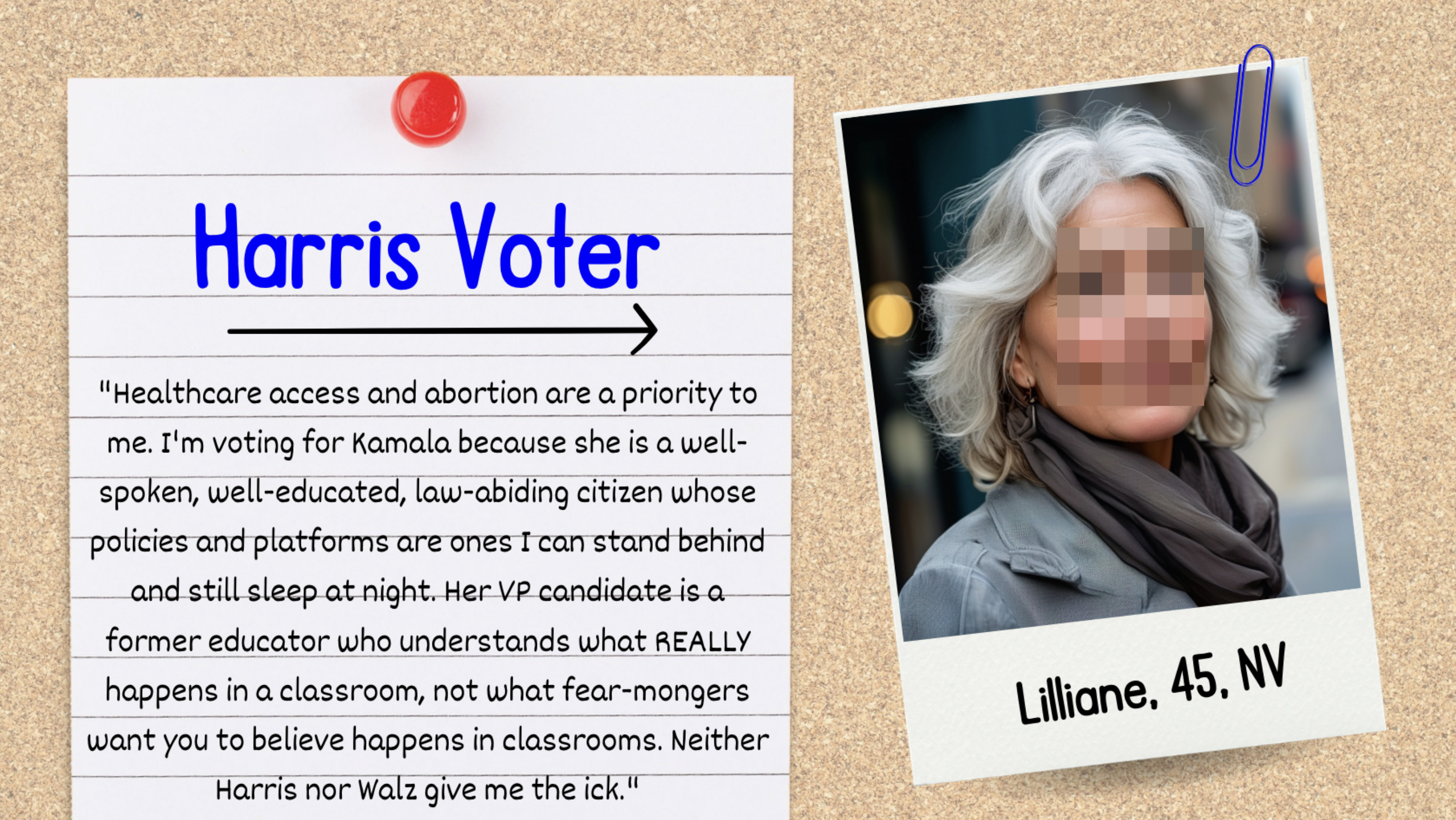 A written testimonial from a woman named Lilliane, 45, NV, supporting Kamala for healthcare and abortion policies. Text next to her photo on a bulletin board reads: Harris Voter
