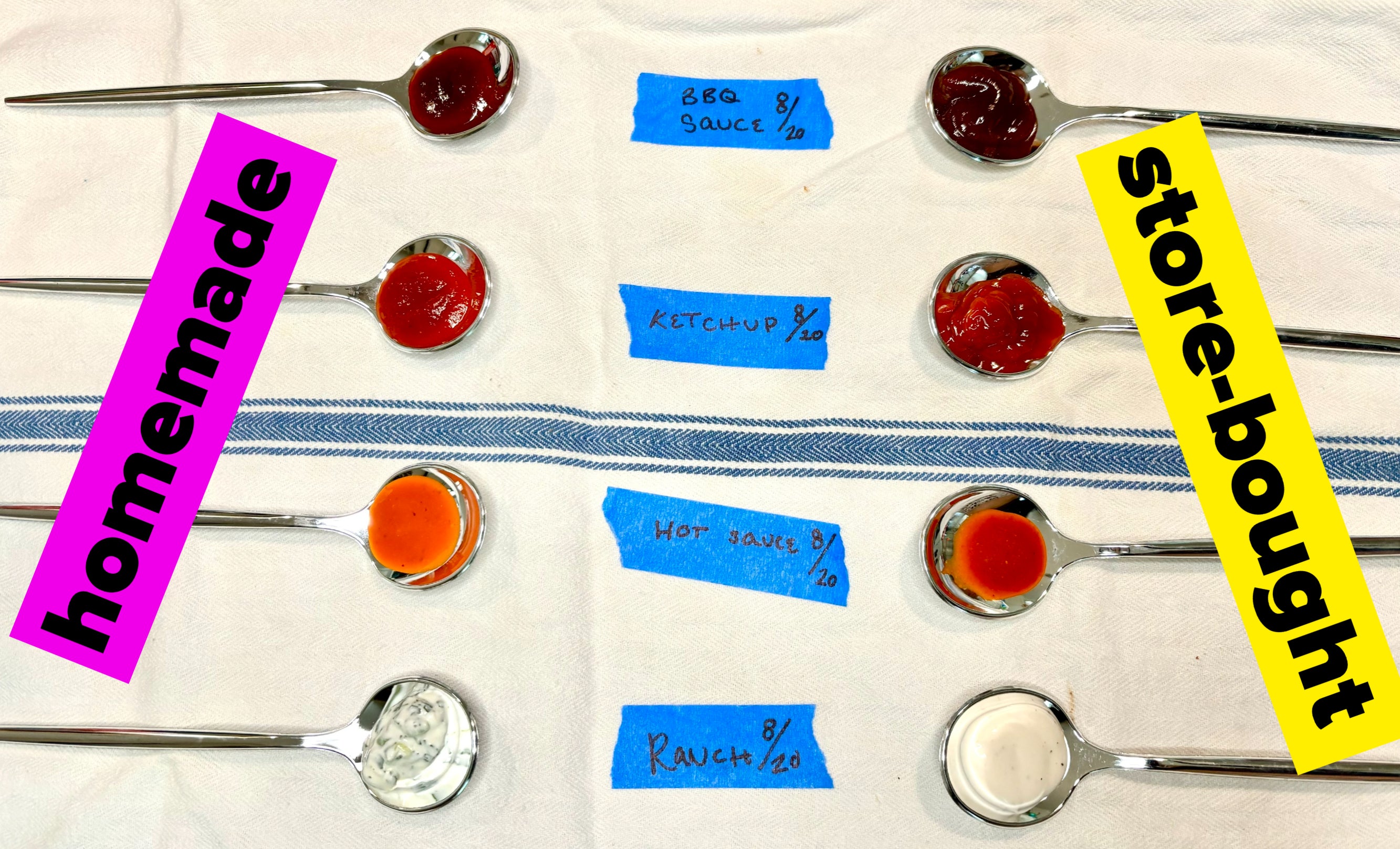 Spoons with BBQ sauce, ketchup, hot sauce, and ranch arranged on a cloth, each with blue tape labels showing different taste ratings out of ten