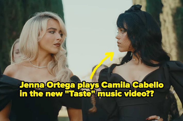 Jenna Ortega and Camila Cabello facing each other in an outdoor setting, with text suggesting Jenna Ortega plays Camila in the new "Taste" music video