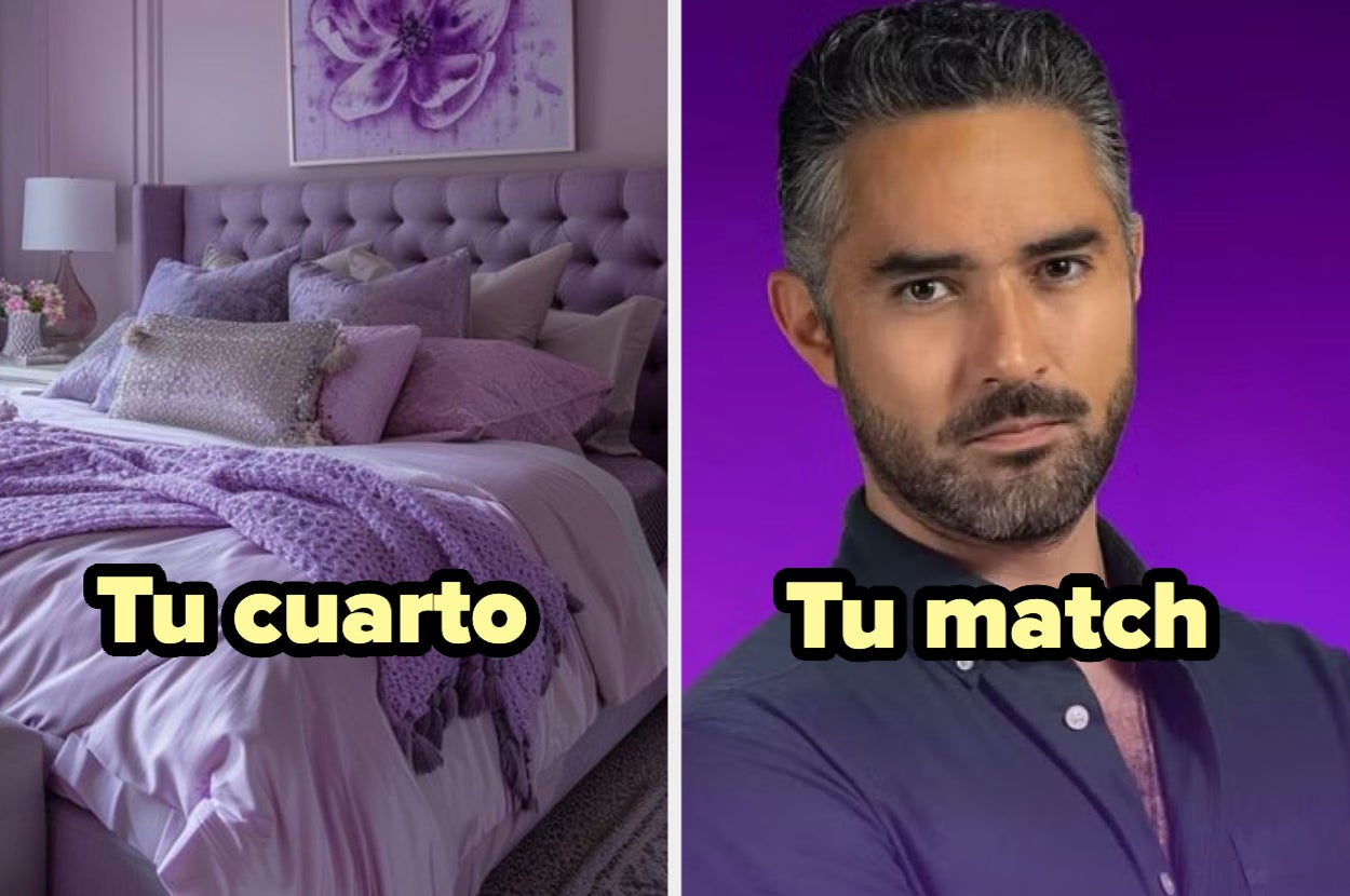 Una imagen dividida. A la izquierda, una cama elegante con decoración. A la derecha, un hombre con barba y camisa, sobre un fondo púrpura. Textos: "Tu cuarto" y "Tu match"