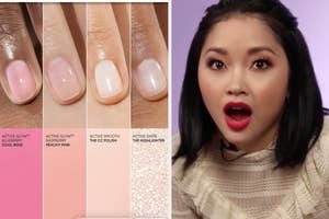 Beauty tutorial split image: Nail polish swatches "After 1 layer" and "After 2 layers" of Active Shine; Lana Condor with surprised expression