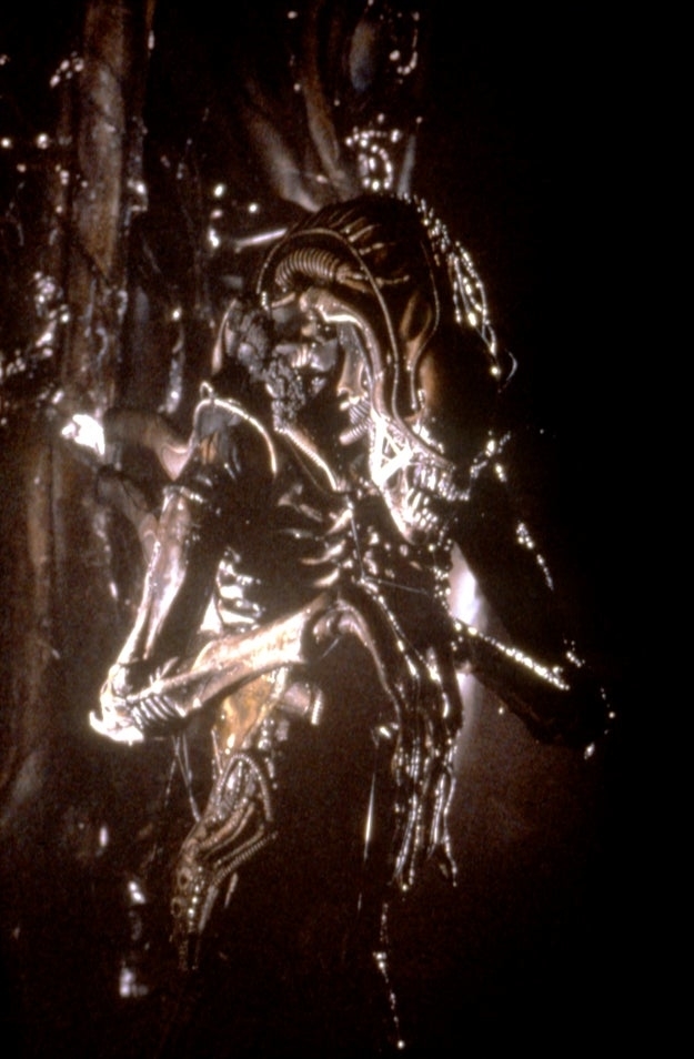 A detailed close-up of a Xenomorph from the movie &quot;Alien,&quot; showcasing its intricately designed exoskeleton and menacing features