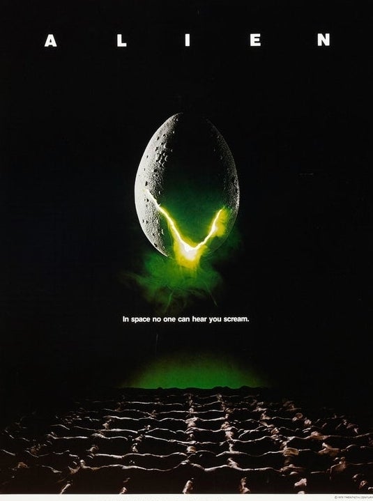 Poster of the 1979 film &quot;Alien&quot; featuring a cracked egg and green light emerging. Text: &quot;In space no one can hear you scream.&quot;