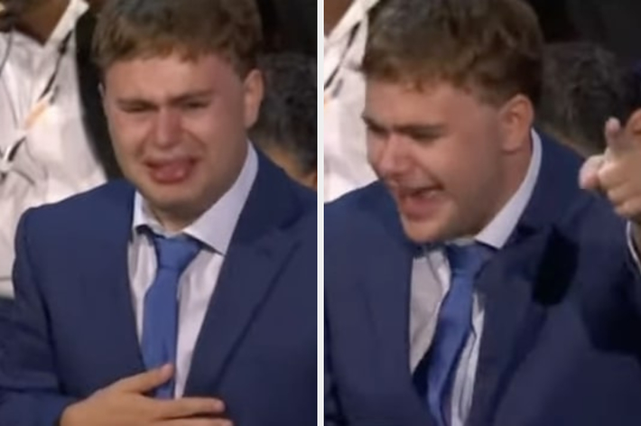 Two side-by-side images show Gus Walz crying while pointing and looking emotional. A tweet by Rickysan502 says: &ldquo;As a father of a child on the spectrum&hellip; If I’m ever in a situation where my son looks at me like Gus Walz looks at his father, I’ll know one