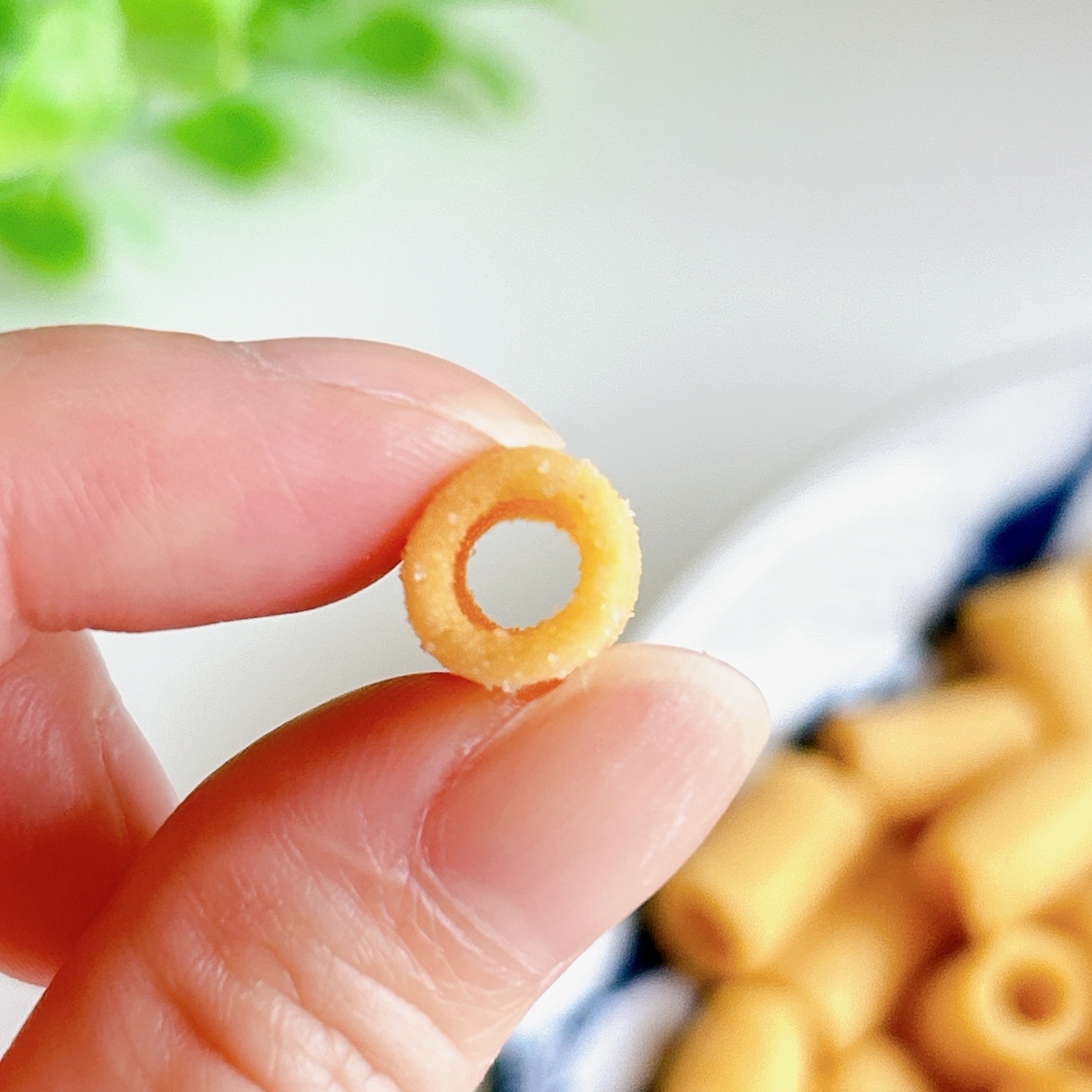 指で持たれた小さなリング形のパスタ。背景にいくつかのパスタが見える。