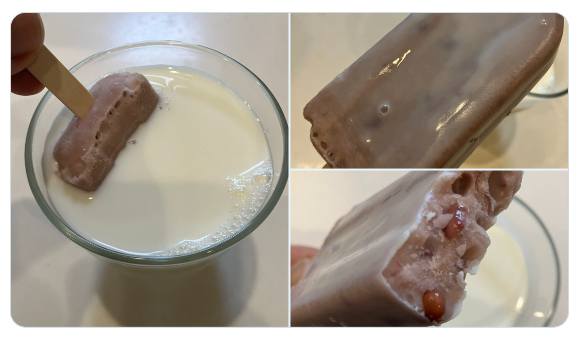 氷菓を牛乳に浸す複数の画像。氷菓には小豆が入っている。