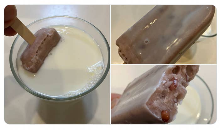 氷菓を牛乳に浸す複数の画像。氷菓には小豆が入っている。