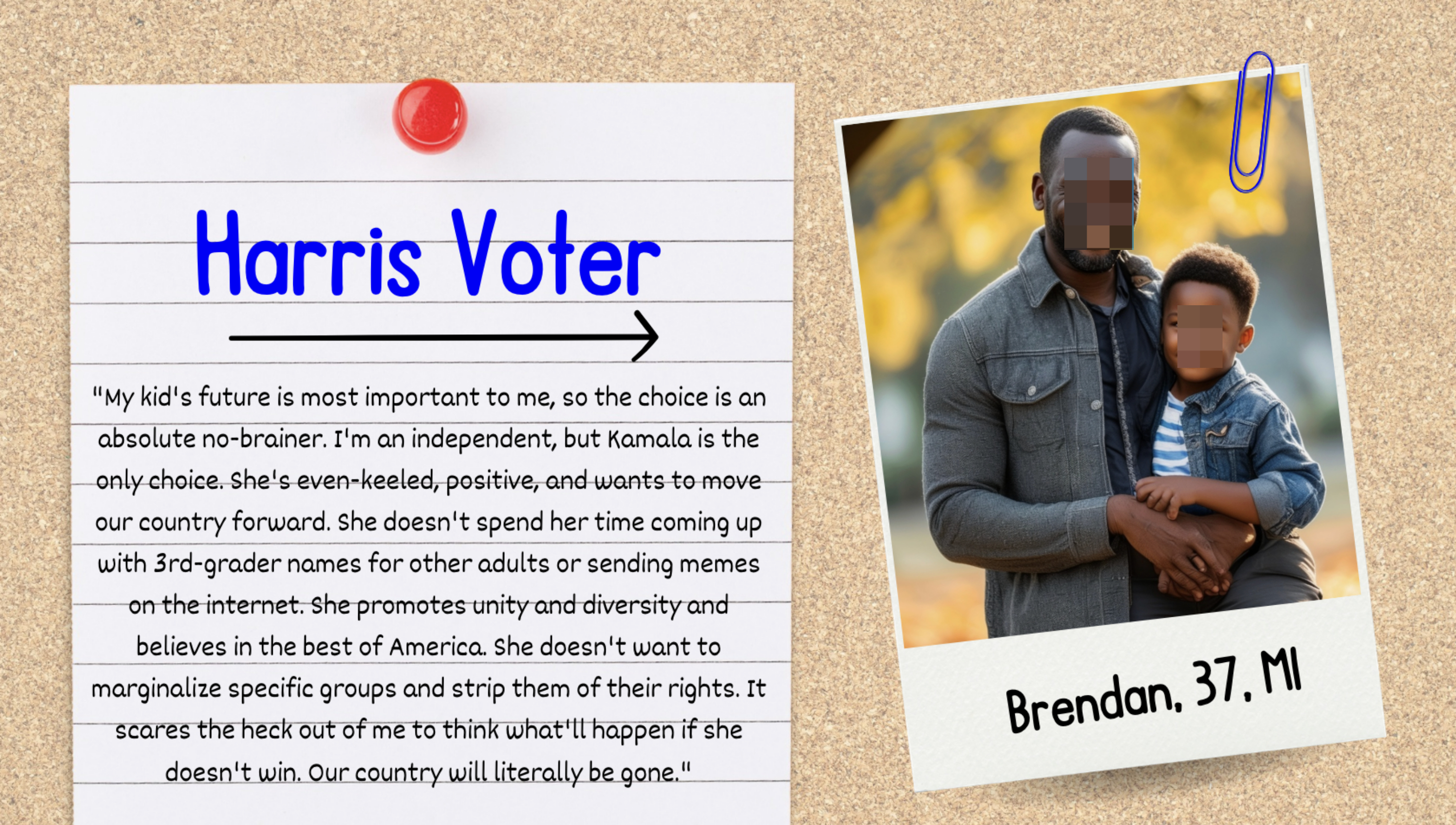 Note pinned to corkboard with text supporting Kamala Harris for president, beside portrait of Brendan, 37, with his young son