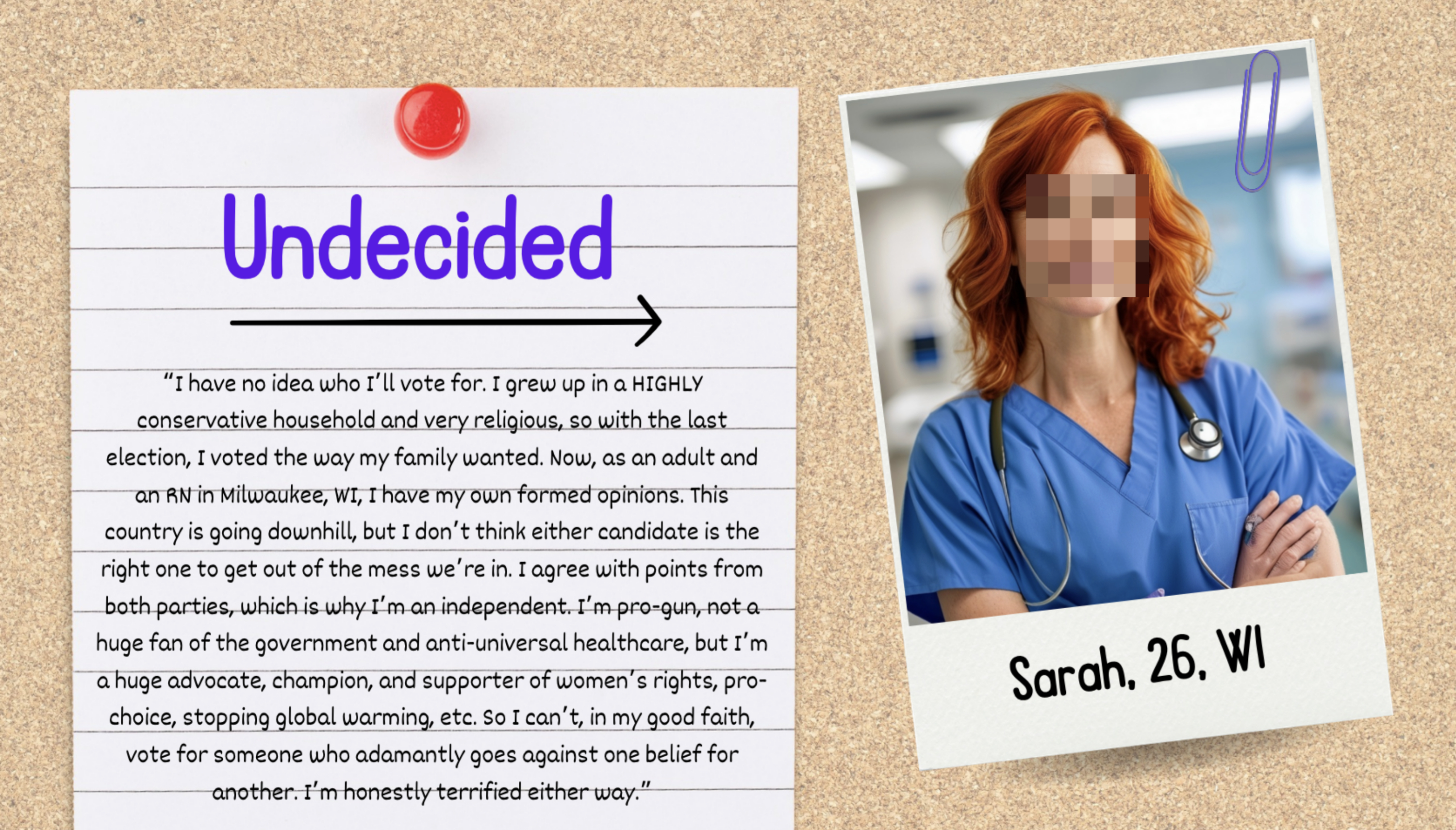 A note pinned to a corkboard reads a message about being undecided on voting. Next to it is a photo of a smiling woman in scrubs identified as Sarah, 26, WI