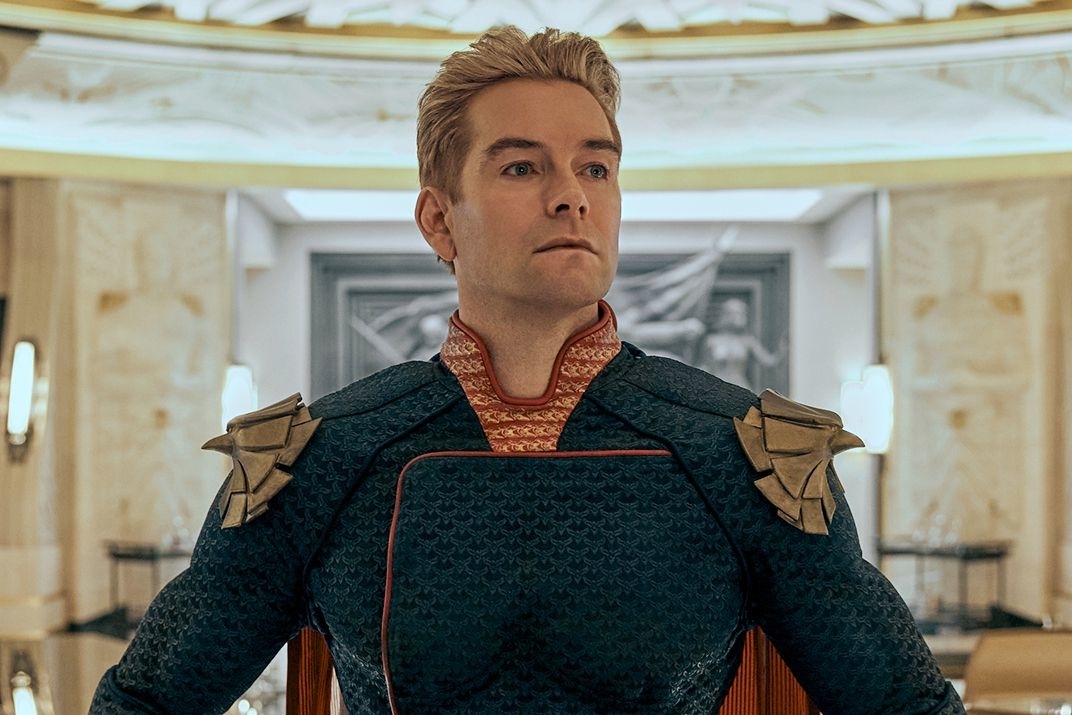 Antony Starr dressed as Homelander in a superhero suit on the set of "The Boys."