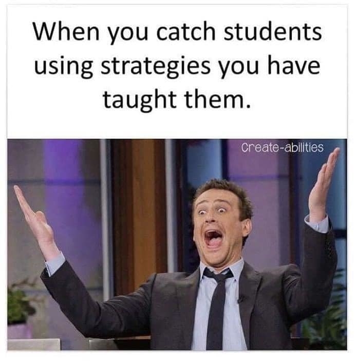 Man in a suit and tie raising his hands in excitement, captioned &quot;When you catch students using strategies you have taught them.&quot; Text: &quot;Create-abilities.&quot;