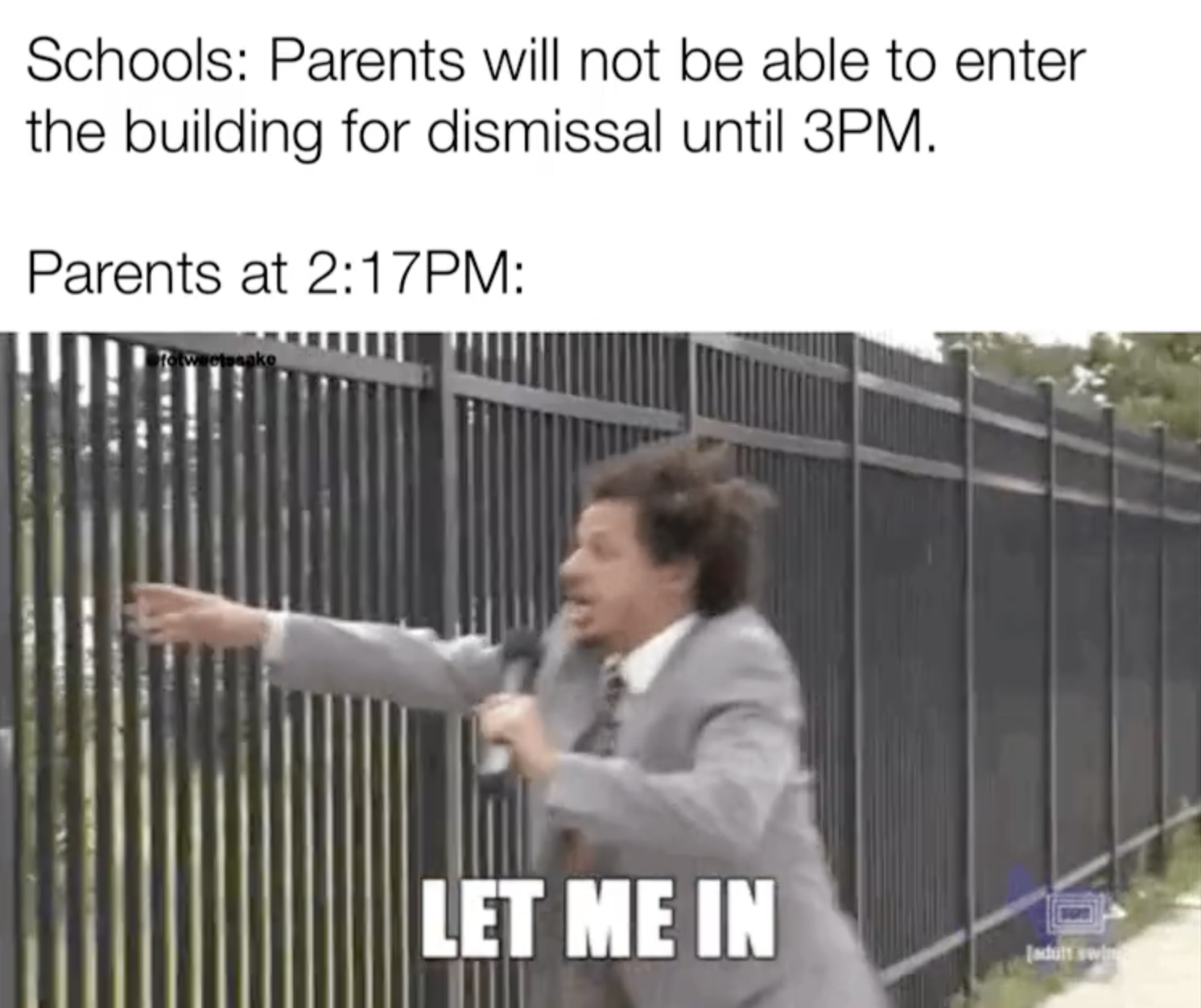 Meme showing a man in a suit yelling and pushing at a fence. Text reads: &quot;Schools: Parents will not be able to enter the building for dismissal until 3PM. Parents at 2:17PM: LET ME IN.&quot;