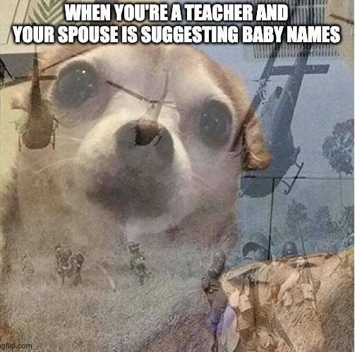 A meme with a Chihuahua dog looking alarmed. Helicopters and military scenes are overlaid. Text reads, "When you're a teacher and your spouse is suggesting baby names."