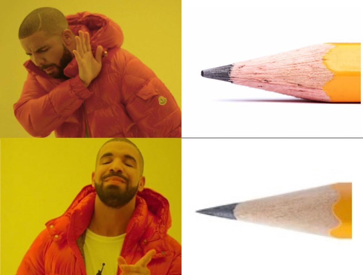 Drake meme: Top left image, Drake disapproves of a blunt pencil; bottom left image, Drake approves a sharp pencil; top and bottom right images show pencils