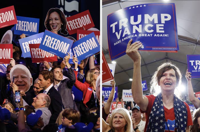Two images of political rallies: on the left, attendees hold signs with "FREEDOM" and a cutout of Kamala Harris; on the right, people hold "TRUMP VANCE" signs