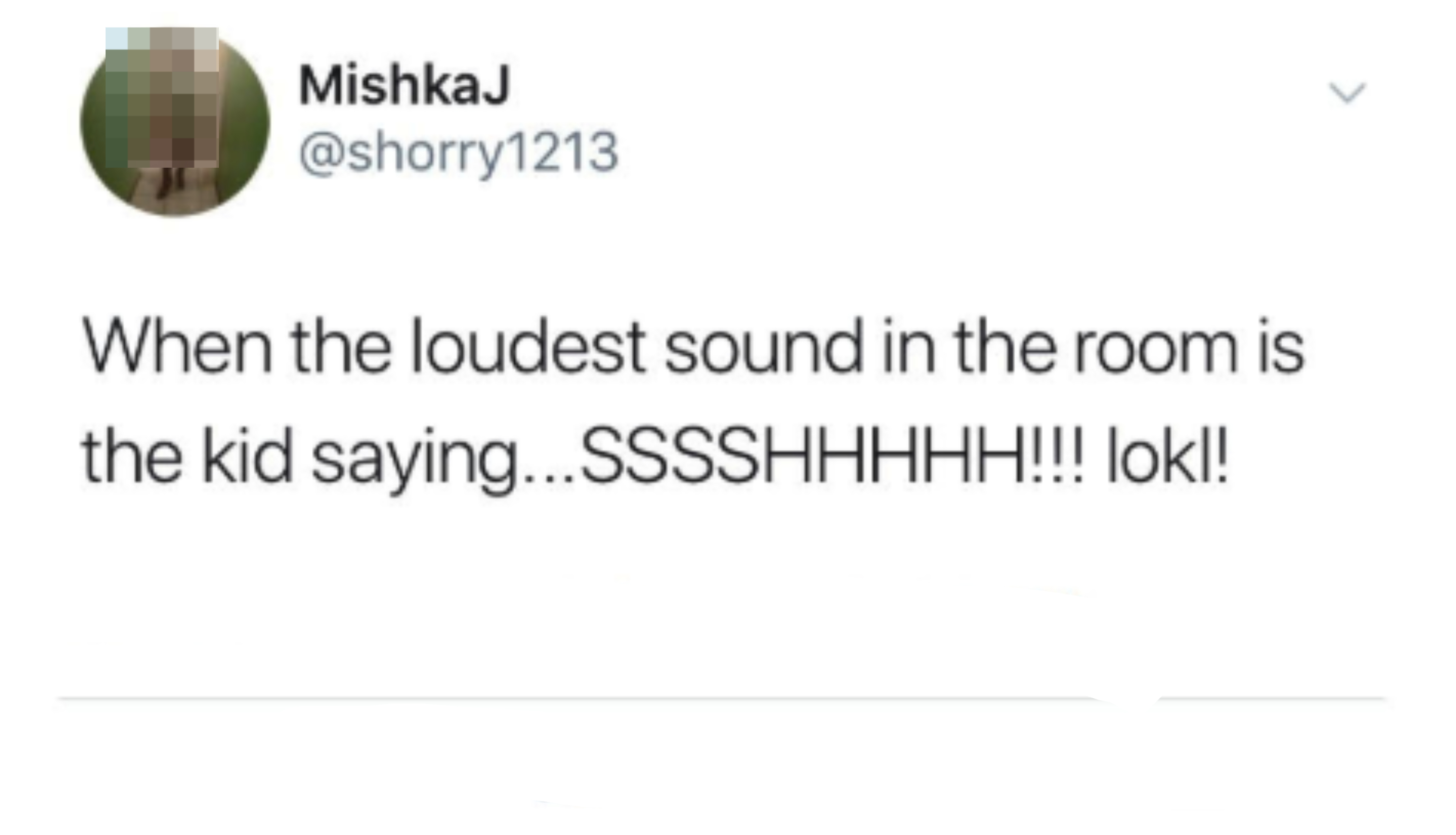 Tweet by MishkaJ (@shorry1213) saying, &quot;When the loudest sound in the room is the kid saying...SSSSHHHHH!!! lol!&quot; posted on January 14, 2016