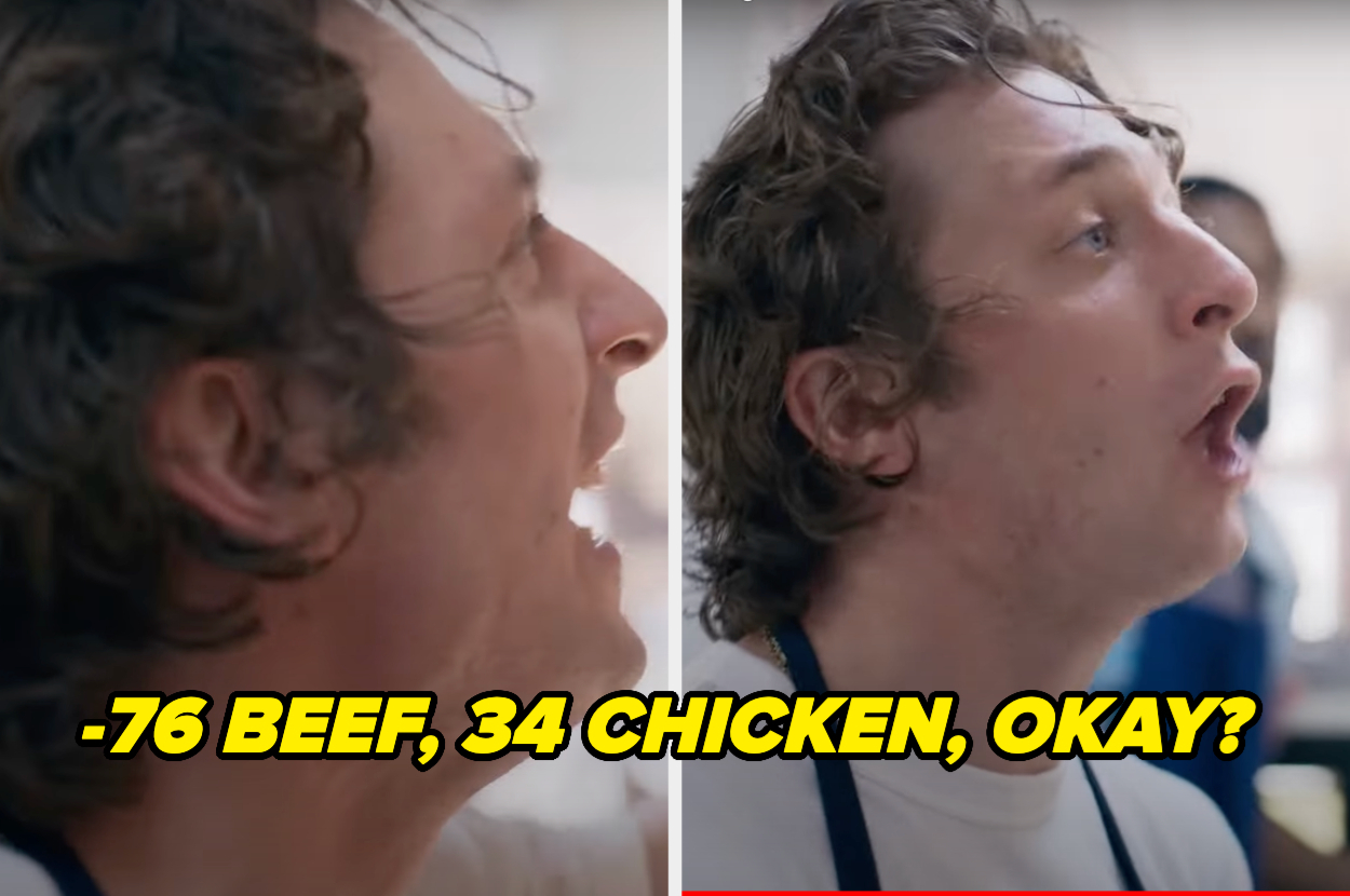 Jeremy Allen White's character, Carmy, shouts &quot;-76 Beef, 34 Chicken, okay?&quot; in a kitchen scene from the TV show &quot;The Bear.&quot;