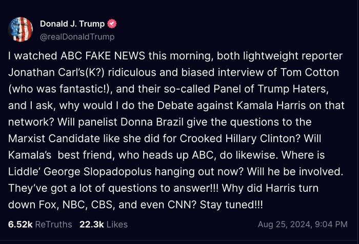 Donald J. Trump tweeted criticizing ABC News' interview with Tom Cotton, questioning debates, media bias, and suggesting further scrutiny from other networks