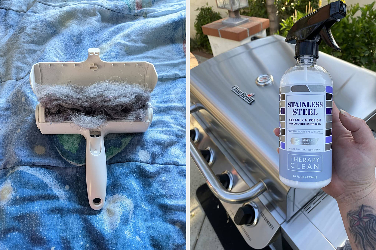 Left image: Lint and hair collected in a white lint brush on a bed. Right image: Hand holding a bottle of stainless steel cleaner and polish near a grill