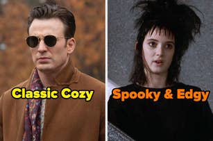On the left, Chris Evans wearing a long coat and sunglasses as Ransom in Knives Out labeled Classic Cozy, and on the right, Winona Ryder wearing a dark, alt outfit as Lydia in Beetlejuice labeled Spooky and Edgy