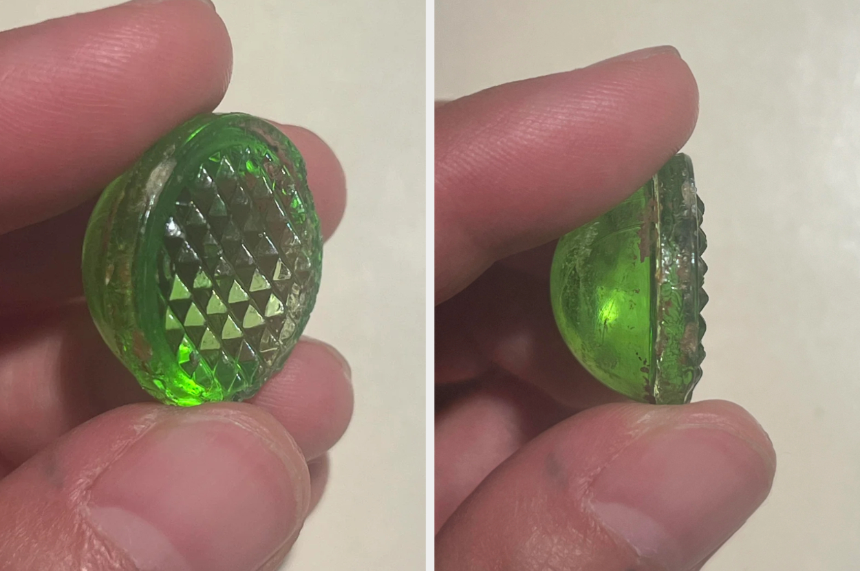 A hand holds a cracked, green gem-like object with a textured pattern, shown from different angles
