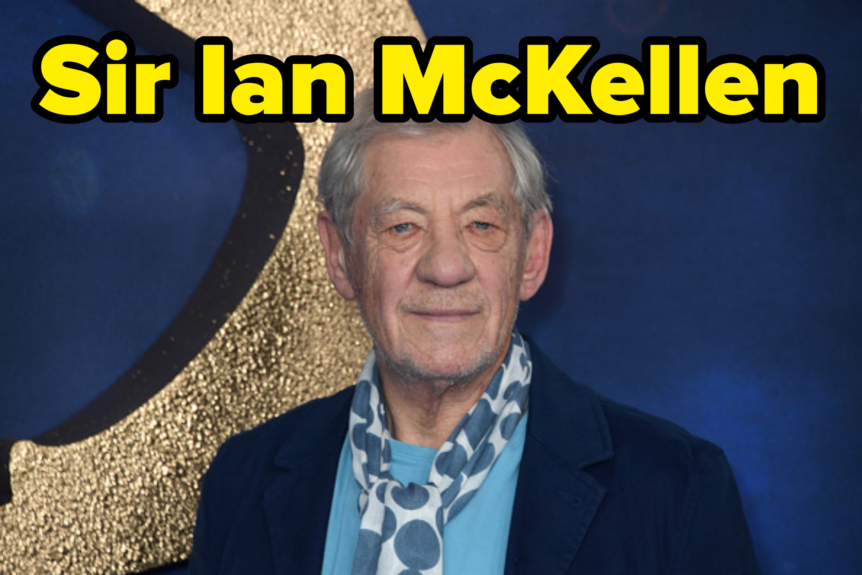 Ian McKellen attending an event, wearing a light blue shirt, dark jacket, and a patterned scarf. The background features a decorative element