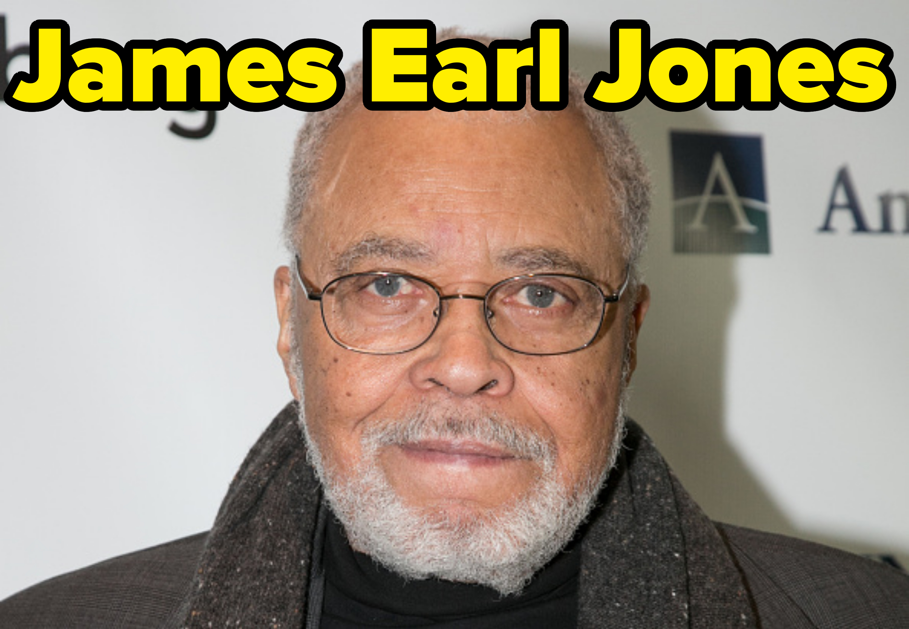 James Earl Jones, wearing glasses and a dark scarf, poses in front of a backdrop at an event
