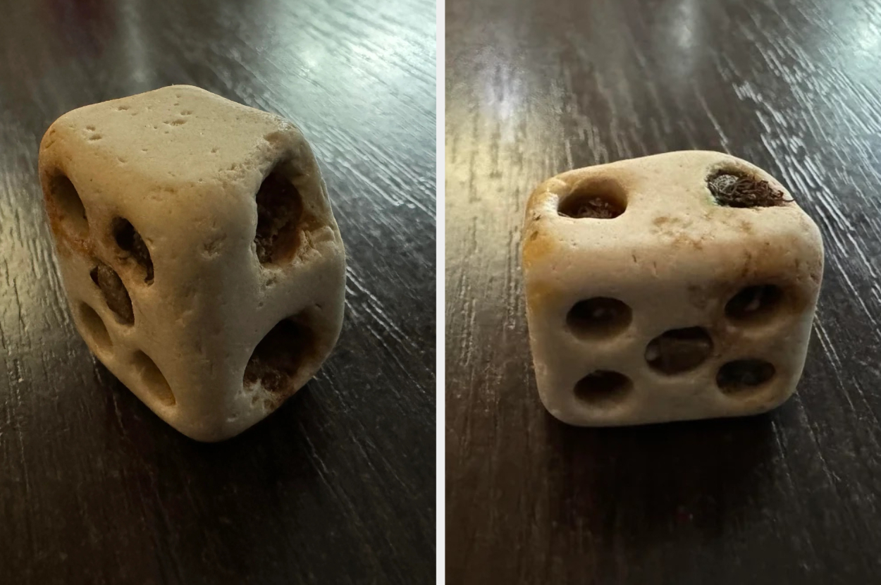 Two views of a porous white stone with several holes, placed on a dark wooden surface