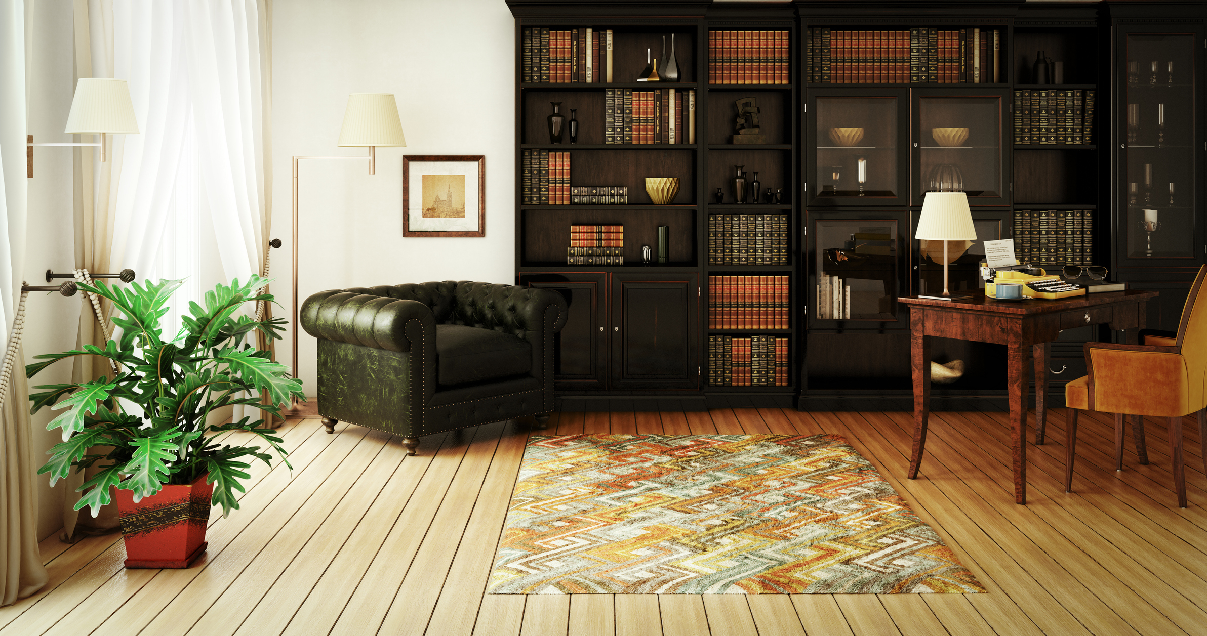 Elegant home library with dark wood bookshelves, a leather armchair, a wooden desk, and a potted plant. Sunlight filters through large windows