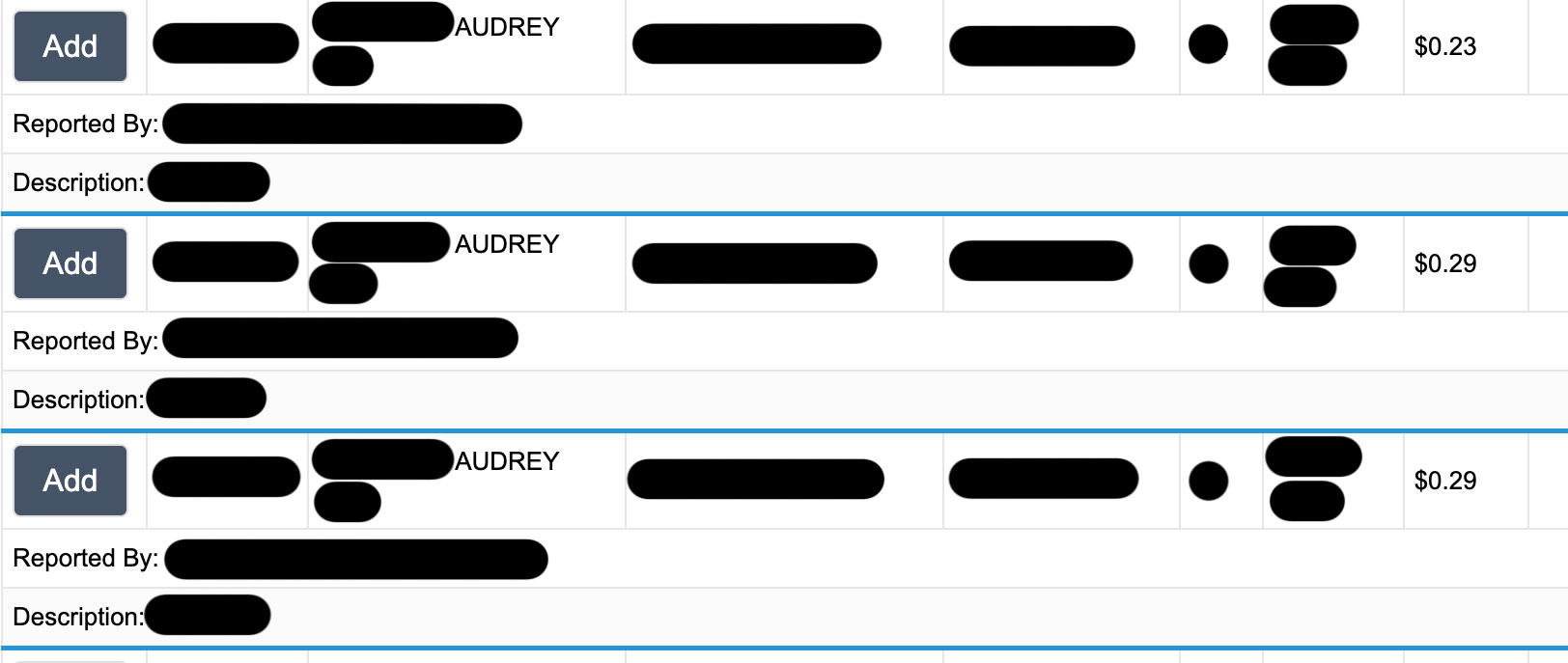A spreadsheet image showing multiple rows of data entries with the name Audrey, a reported status, descriptions, and a cost value of $0.29. Other details are redacted