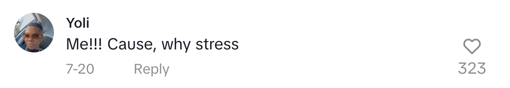 A social media comment by Yoli reads, "Me!!! Cause, why stress"