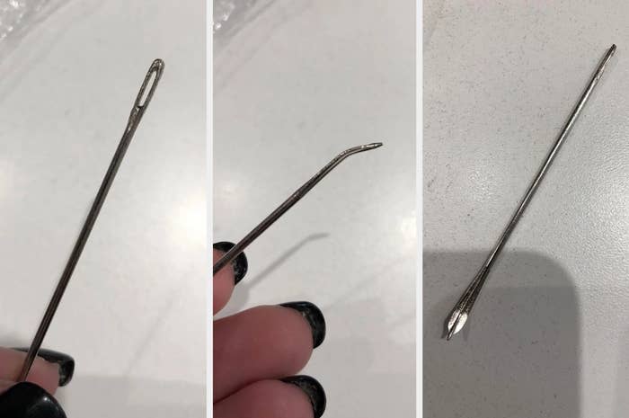 A large sewing needle is shown from different angles, with the second angle revealing a bent middle section. The person holding the needle has black-painted nails