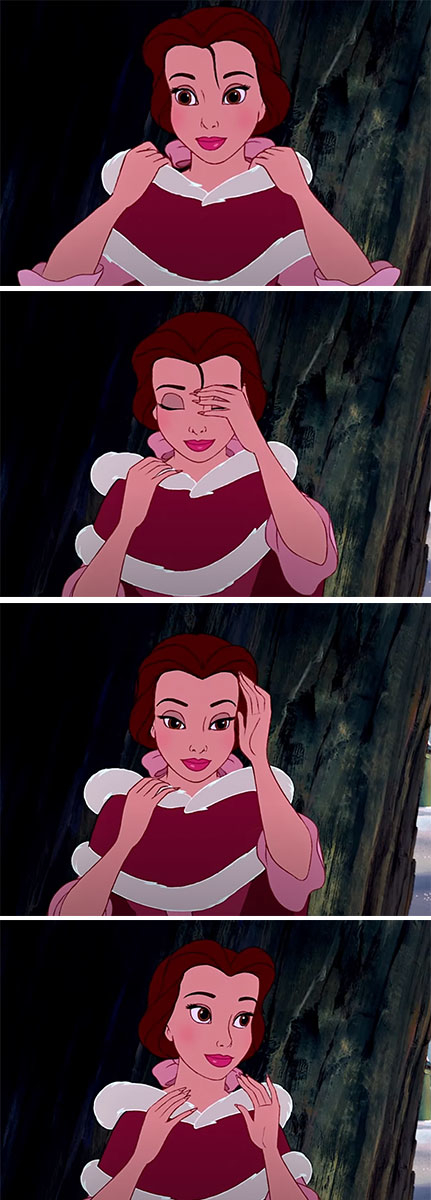 Belle from Beauty and the Beast adjusts her hood, rubs her eyes, combs her hair with her fingers, and looks pleased in a series of four images