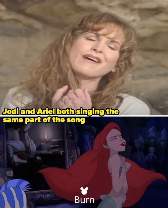 Jodi and Ariel both singing the same part of the song. Jodi is shown singing, and Ariel sings "Burn" in an underwater scene