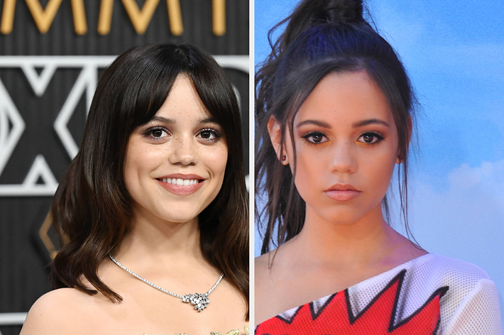 Jenna Ortega is shown in two side-by-side photos. The left side has her smiling in formal attire on a red carpet. The right side shows her posing with a neutral expression