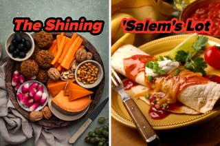 Left side: A plate with falafel, carrots, olives, radishes, walnuts, and squash, labeled 