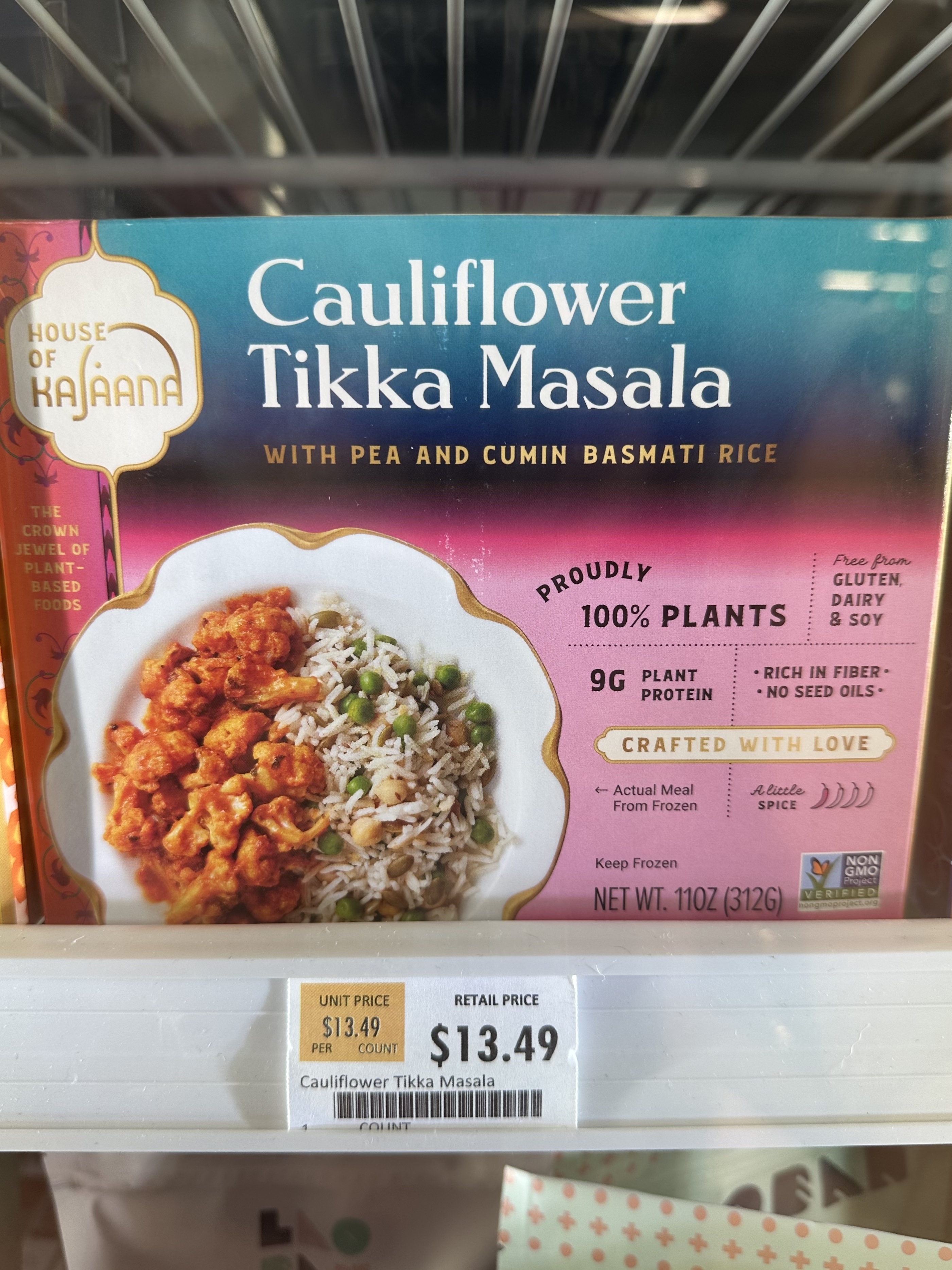 House of Karana Cauliflower Tikka Masala with pea and cumin basmati rice. 100% plants, 9g protein, 3.5g fiber. Price: $13.49