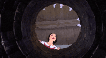 Snow White looks up from the bottom of a well, singing with birds circling above in Disney's animated film "Snow White and the Seven Dwarfs."