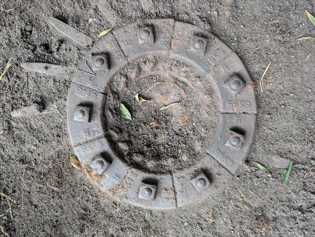 A weathered manhole cover type item partially buried in dirt, with leaves and debris scattered around