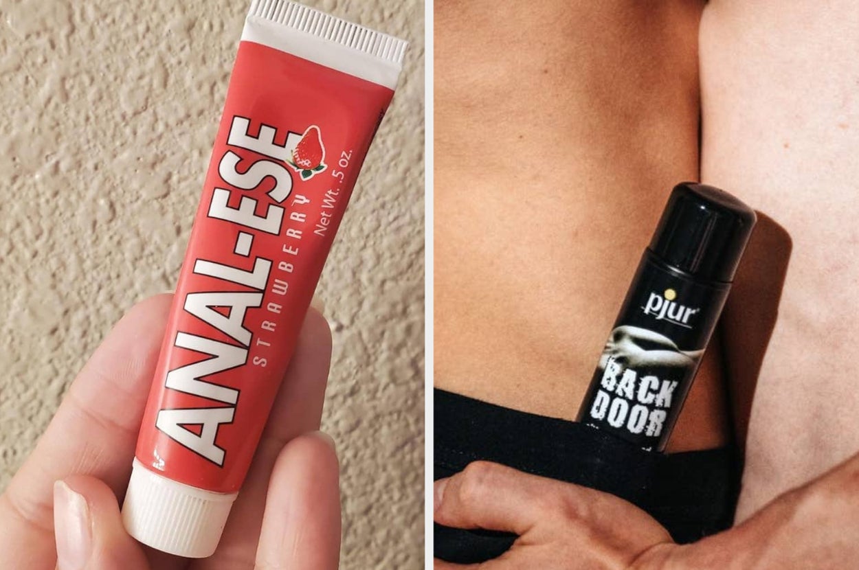 Two products shown: Anal-Ese Strawberry flavor .5oz tube and Pjur Back Door Relaxing Anal Glide bottle